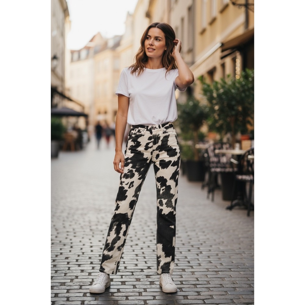WeWoreWhat Cow Print High Waisted Jeans Womens Size 24 Ankle Slit Trendy NWOT